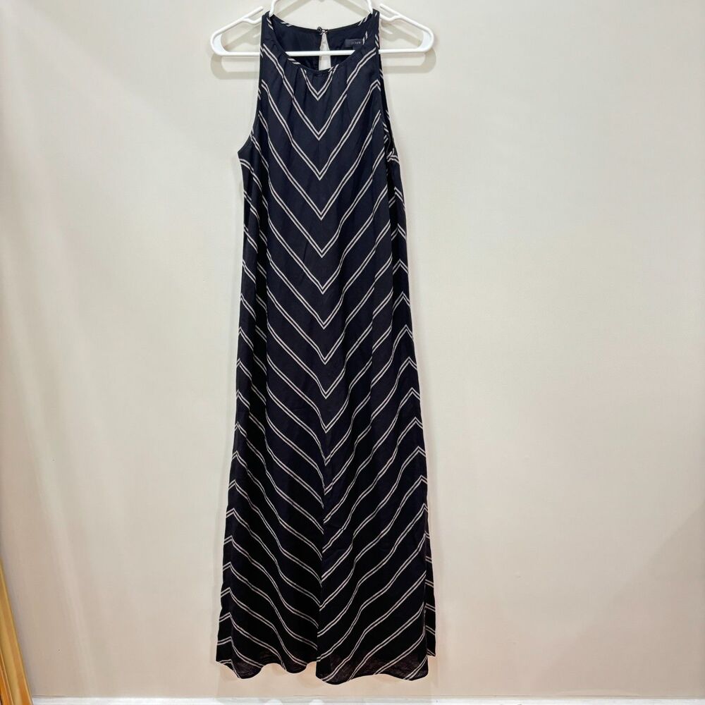 J Crew Black Chevron Linen Maxi Dress Size 0 Neutral Minimalist Capsule Wardrobe